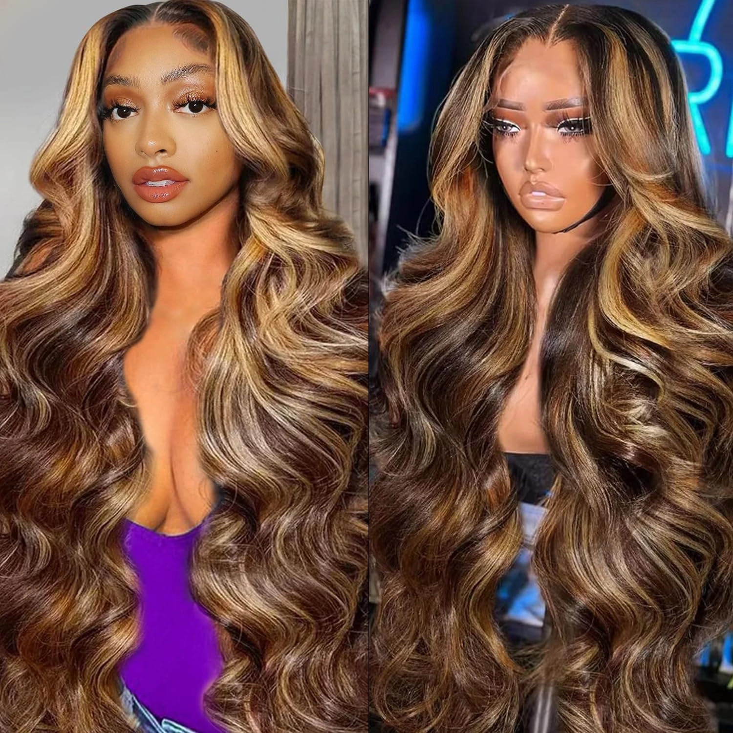 SFD 26 Inch Ombre Lace Front Wig Human Hair 220% Density 13x6 lace front wigs human hair Body Wave 4/27 Blonde Brown Highlight Wig Pre Plucked for Women (honey blonde Piano Colored)