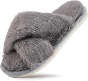 sharllen Women's Fuzzy Cross Band Slippers Open Toe Cozy Plush Furry Ladies Slippers Comfy Memory Foam Slides Slippers with Arch Support Fluffy House Slippers Home Bedroom Indoor Outdoor