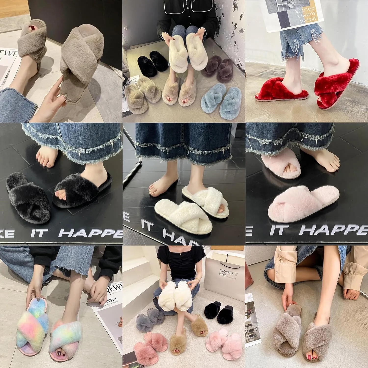 sharllen Women's Fuzzy Cross Band Slippers Open Toe Cozy Plush Furry Ladies Slippers Comfy Memory Foam Slides Slippers with Arch Support Fluffy House Slippers Home Bedroom Indoor Outdoor