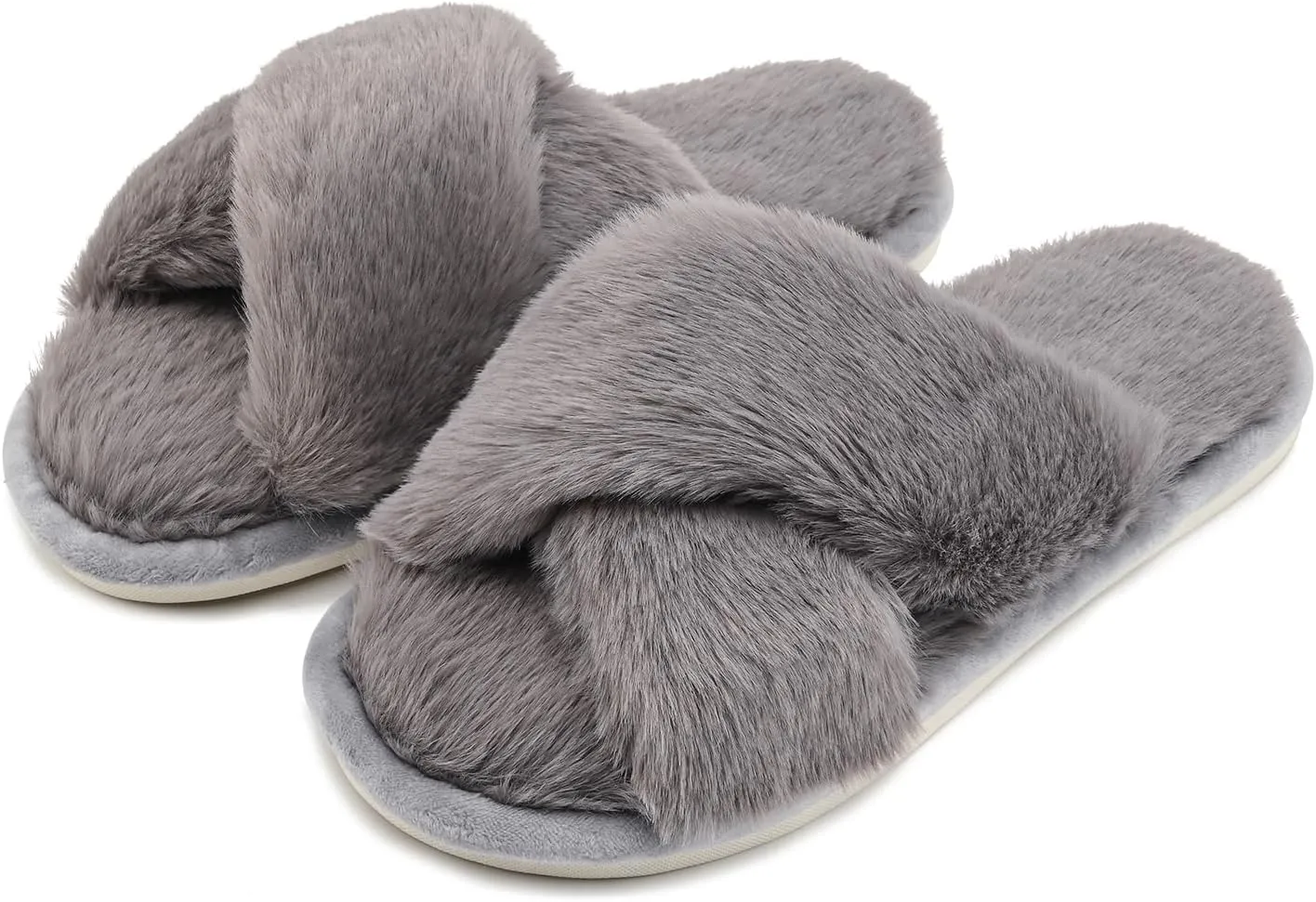 sharllen Women's Fuzzy Cross Band Slippers Open Toe Cozy Plush Furry Ladies Slippers Comfy Memory Foam Slides Slippers with Arch Support Fluffy House Slippers Home Bedroom Indoor Outdoor