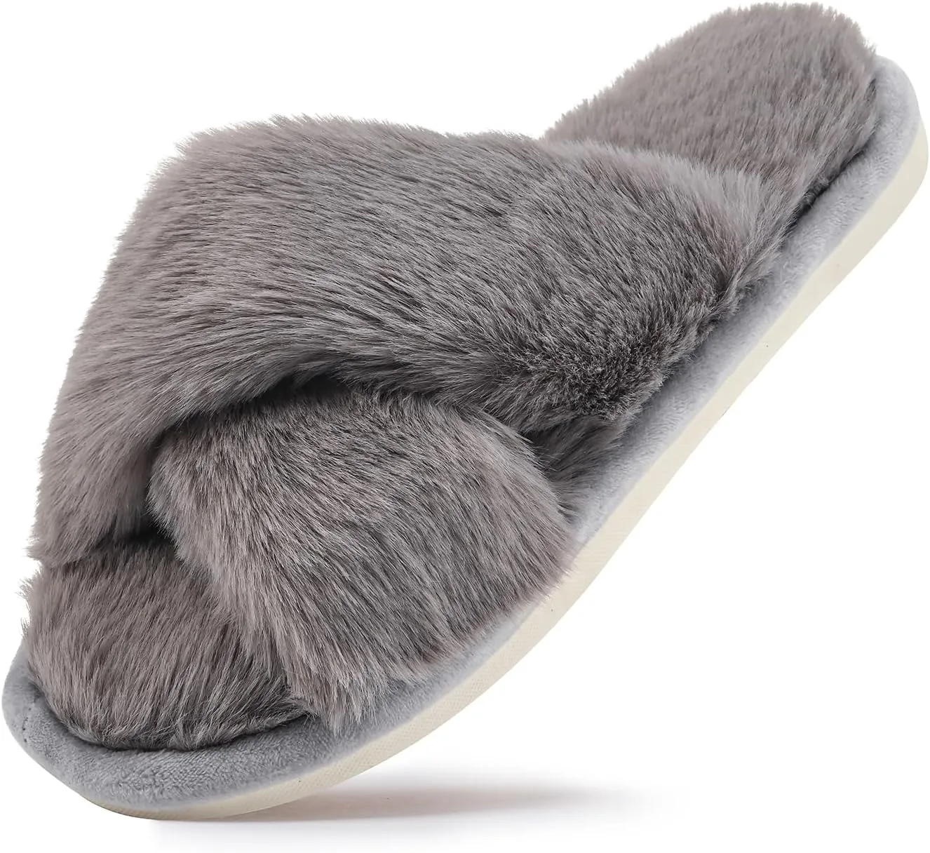 sharllen Women's Fuzzy Cross Band Slippers Open Toe Cozy Plush Furry Ladies Slippers Comfy Memory Foam Slides Slippers with Arch Support Fluffy House Slippers Home Bedroom Indoor Outdoor