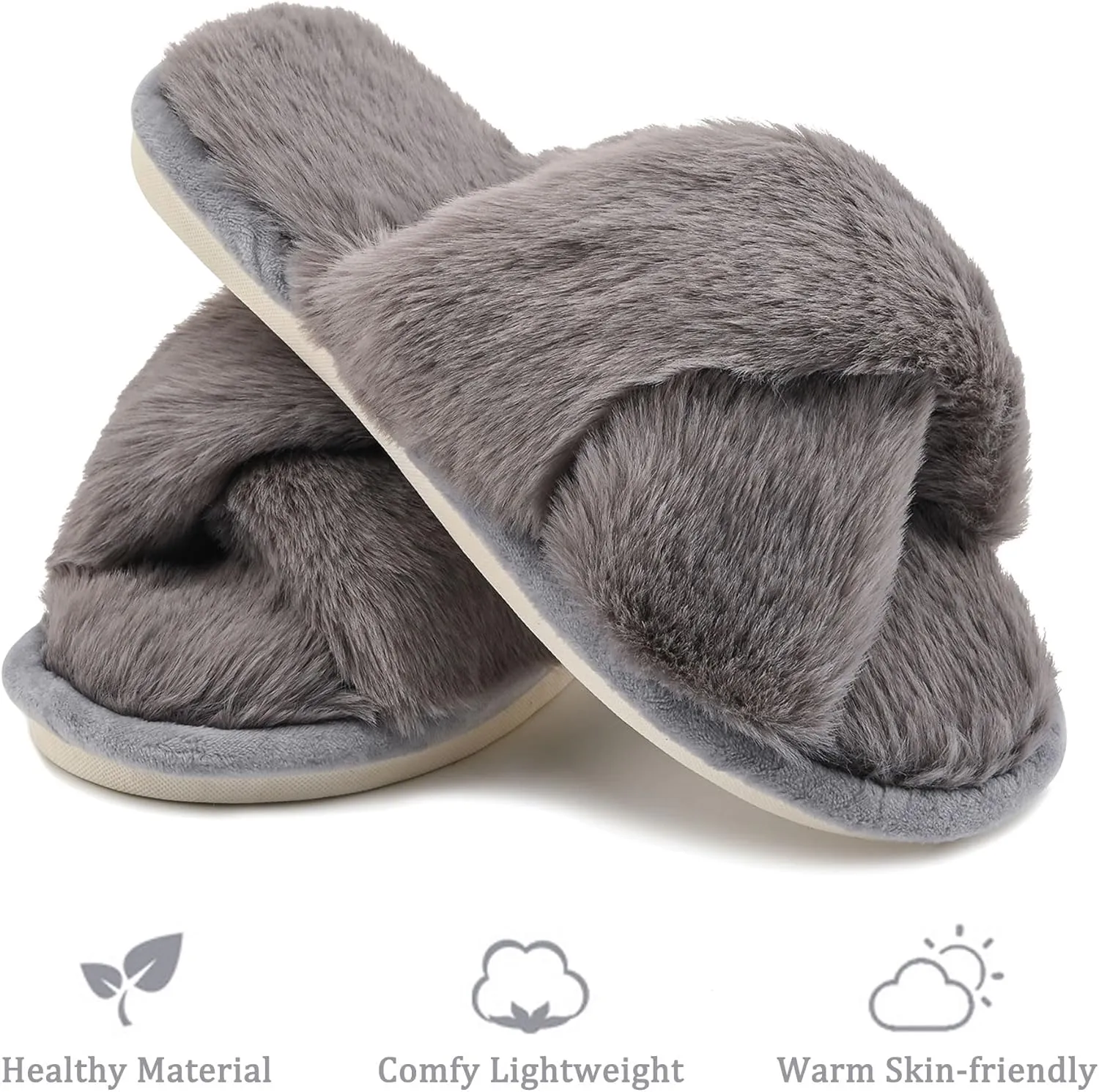 sharllen Women's Fuzzy Cross Band Slippers Open Toe Cozy Plush Furry Ladies Slippers Comfy Memory Foam Slides Slippers with Arch Support Fluffy House Slippers Home Bedroom Indoor Outdoor