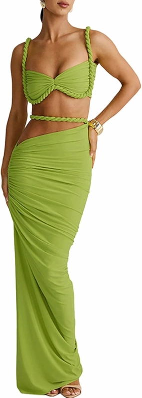 SHINFY Womens Summer Two Piece Maxi Skirt Sets Sexy Corset Top Ruched Long Skirt Beach Dress 2 Piece Club Outfits