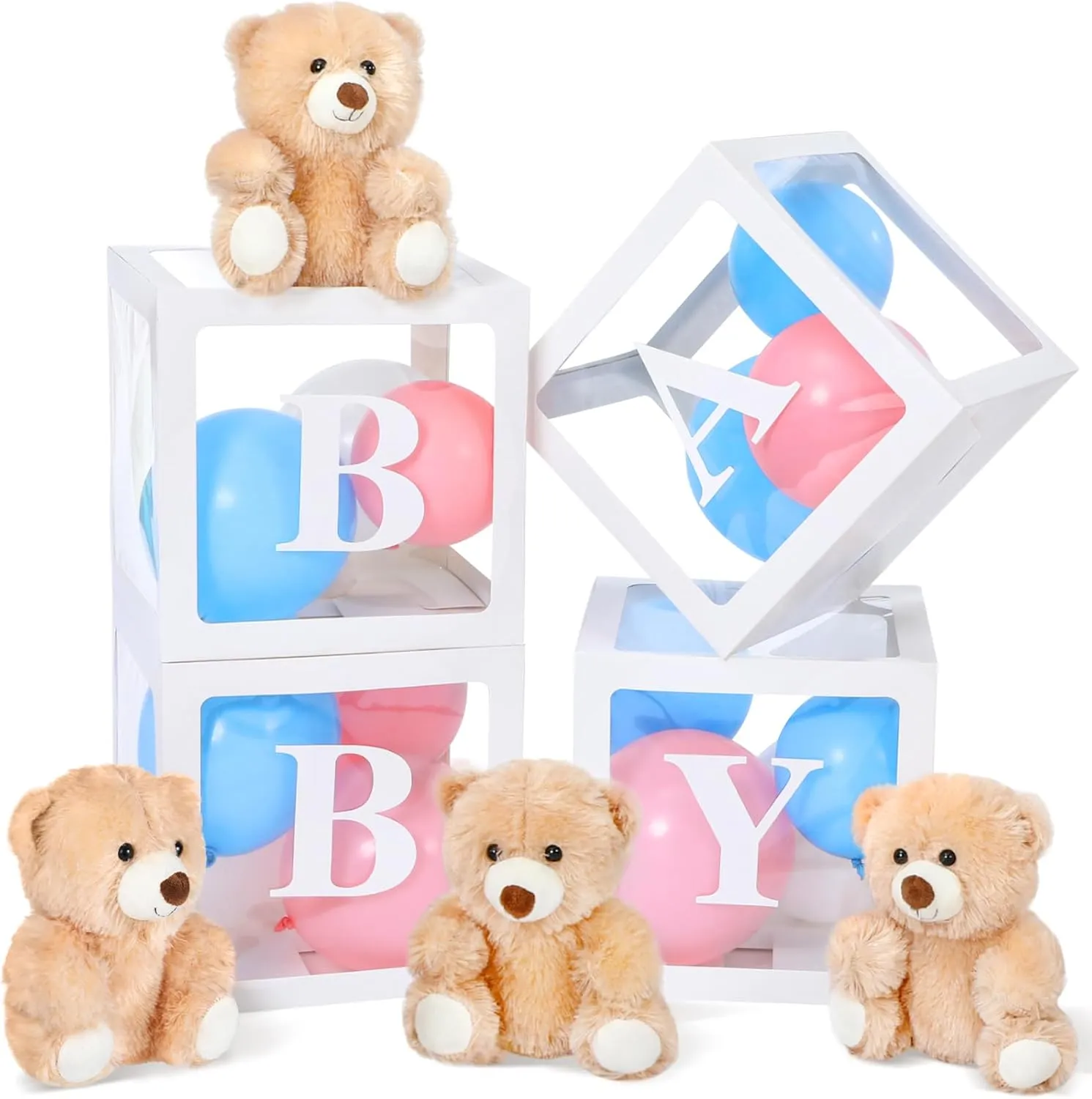 ShinyRelief 8 Pcs Bear Baby Boxes with Letters for Baby Shower 10 Inch Bear Stuffed Animal Plush Toy Baby Shower Blocks Decorations for Gender Reveal Centerpieces First Birthday Party Favors Supplies