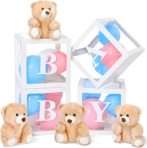 ShinyRelief 8 Pcs Bear Baby Boxes with Letters for Baby Shower 10 Inch Bear Stuffed Animal Plush Toy Baby Shower Blocks Decorations for Gender Reveal Centerpieces First Birthday Party Favors Supplies