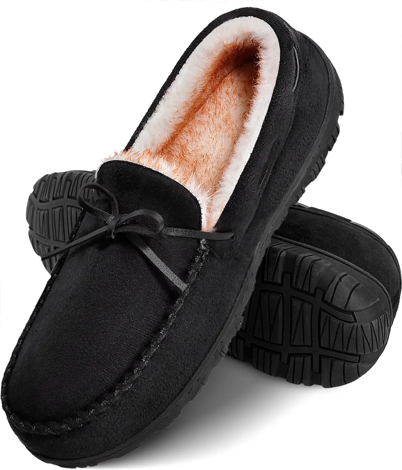 shoeslocker Men's Warm Soft Plush Memory Foam House Moccasin Slippers - Comfortable Non-Slip Indoor/Outdoor - Black, Beige, Brown