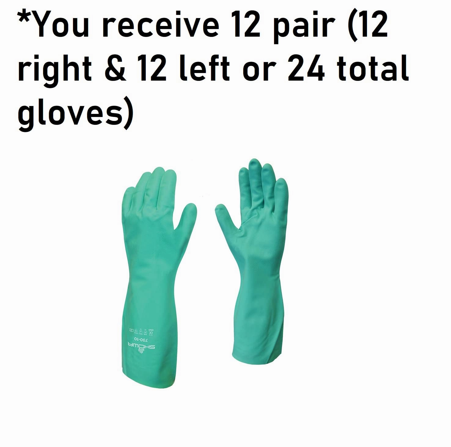 SHOWA 730 Nitrile Chemical Resistant Safety Glove with Cotton Flocked Liner, Food Safe, 15 Mil Thick, 13" Length, X-Large (12 Pair)