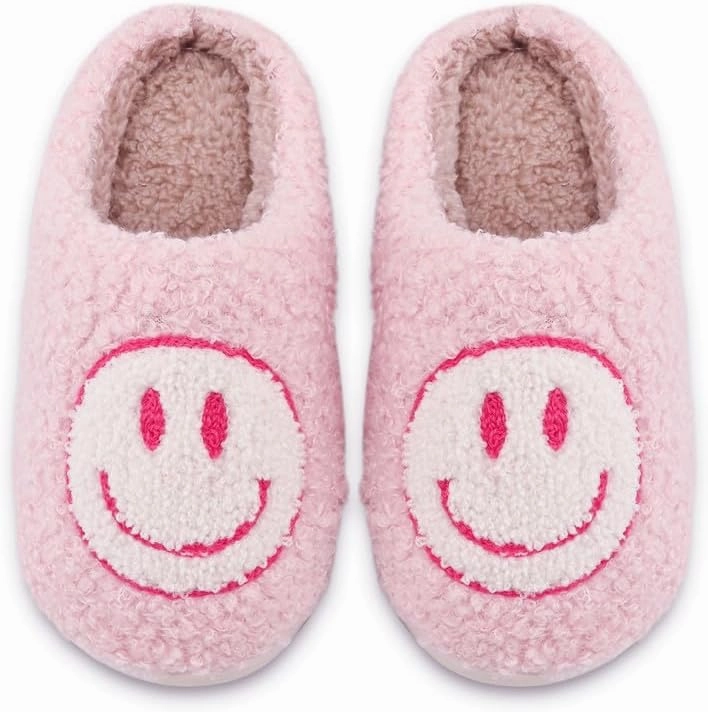 Sierlos Cute Kids' Plush Preppy Slippers - Happy Face Soft Memory Foam Fuzzy Slip-Ons for Indoor/Outdoor Use