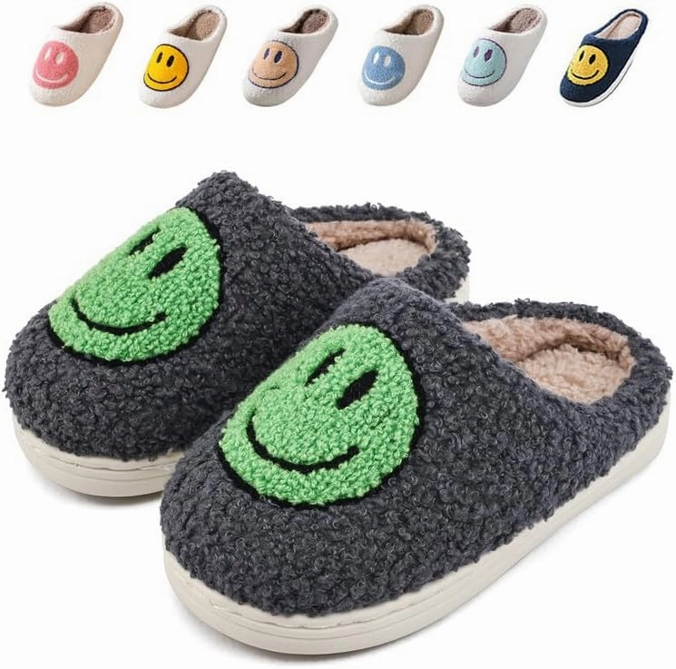 Sierlos Cute Kids' Plush Preppy Slippers - Happy Face Soft Memory Foam Fuzzy Slip-Ons for Indoor/Outdoor Use