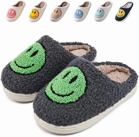 Sierlos Cute Kids' Plush Preppy Slippers - Happy Face Soft Memory Foam Fuzzy Slip-Ons for Indoor/Outdoor Use