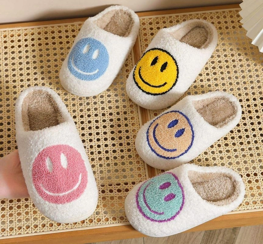 Sierlos Cute Kids' Plush Preppy Slippers - Happy Face Soft Memory Foam Fuzzy Slip-Ons for Indoor/Outdoor Use