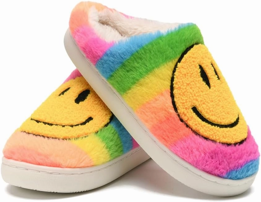 Sierlos Cute Kids' Plush Preppy Slippers - Happy Face Soft Memory Foam Fuzzy Slip-Ons for Indoor/Outdoor Use