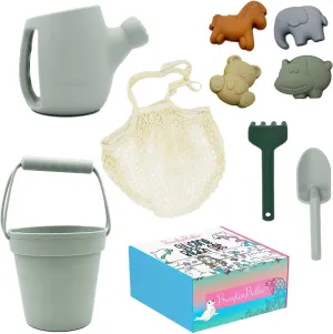 Silicone Beach Toys - Beach Bucket Set with Shovel, 4 Sand Molds - Travel-Friendly Kids Sand Toys in Net Carrying Bag - Safe Baby Sand Toys - Dishwasher-Safe (Light Green)