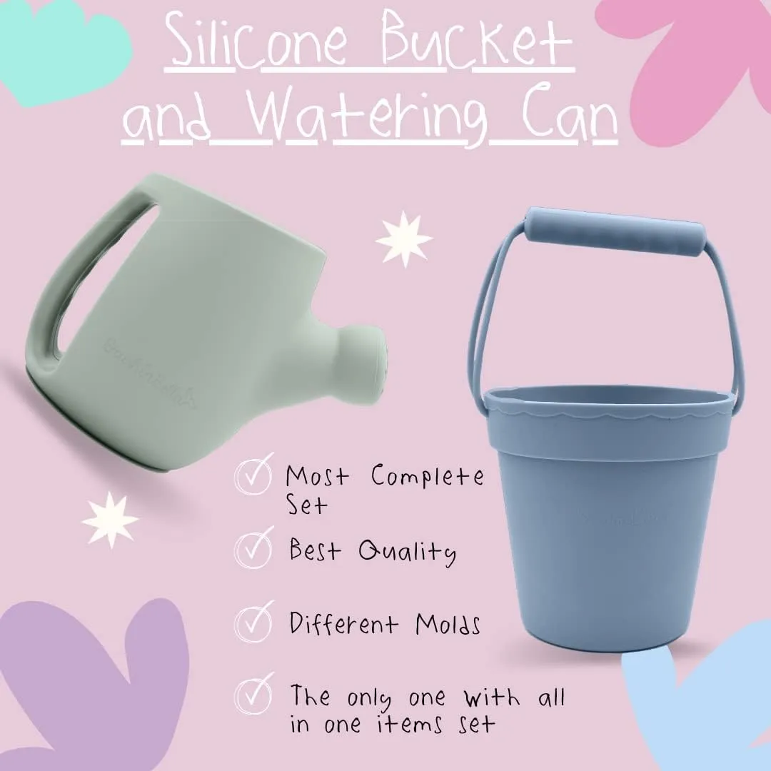 Silicone Beach Toys - Beach Bucket Set with Shovel, 4 Sand Molds - Travel-Friendly Kids Sand Toys in Net Carrying Bag - Safe Baby Sand Toys - Dishwasher-Safe (Light Green)