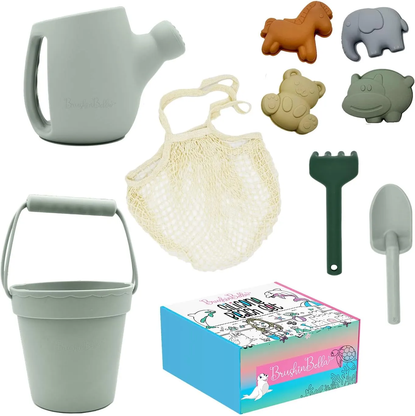 Silicone Beach Toys - Beach Bucket Set with Shovel, 4 Sand Molds - Travel-Friendly Kids Sand Toys in Net Carrying Bag - Safe Baby Sand Toys - Dishwasher-Safe (Light Green)