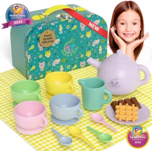 Silicone Tea Set for Kids - 18 Pcs Kids Tea Party Set - Gift Ready Storage Case and Picnic Cloth - Food Grade Silicone - Dishwasher Safe - BPA Free - Childs Tea Set - Development Play