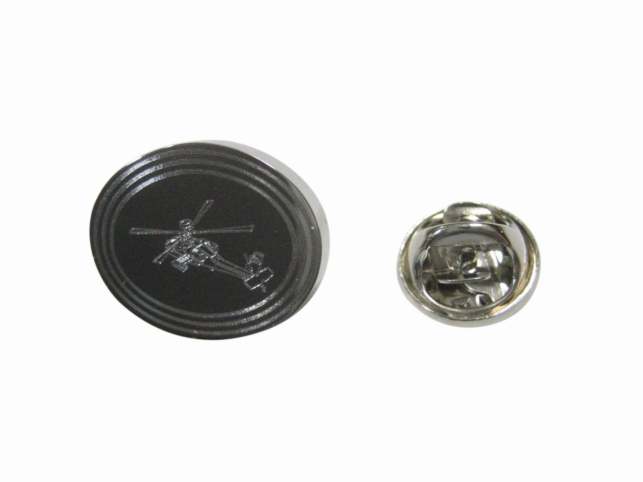 Silver Toned Etched Oval Helicopter Lapel Pin