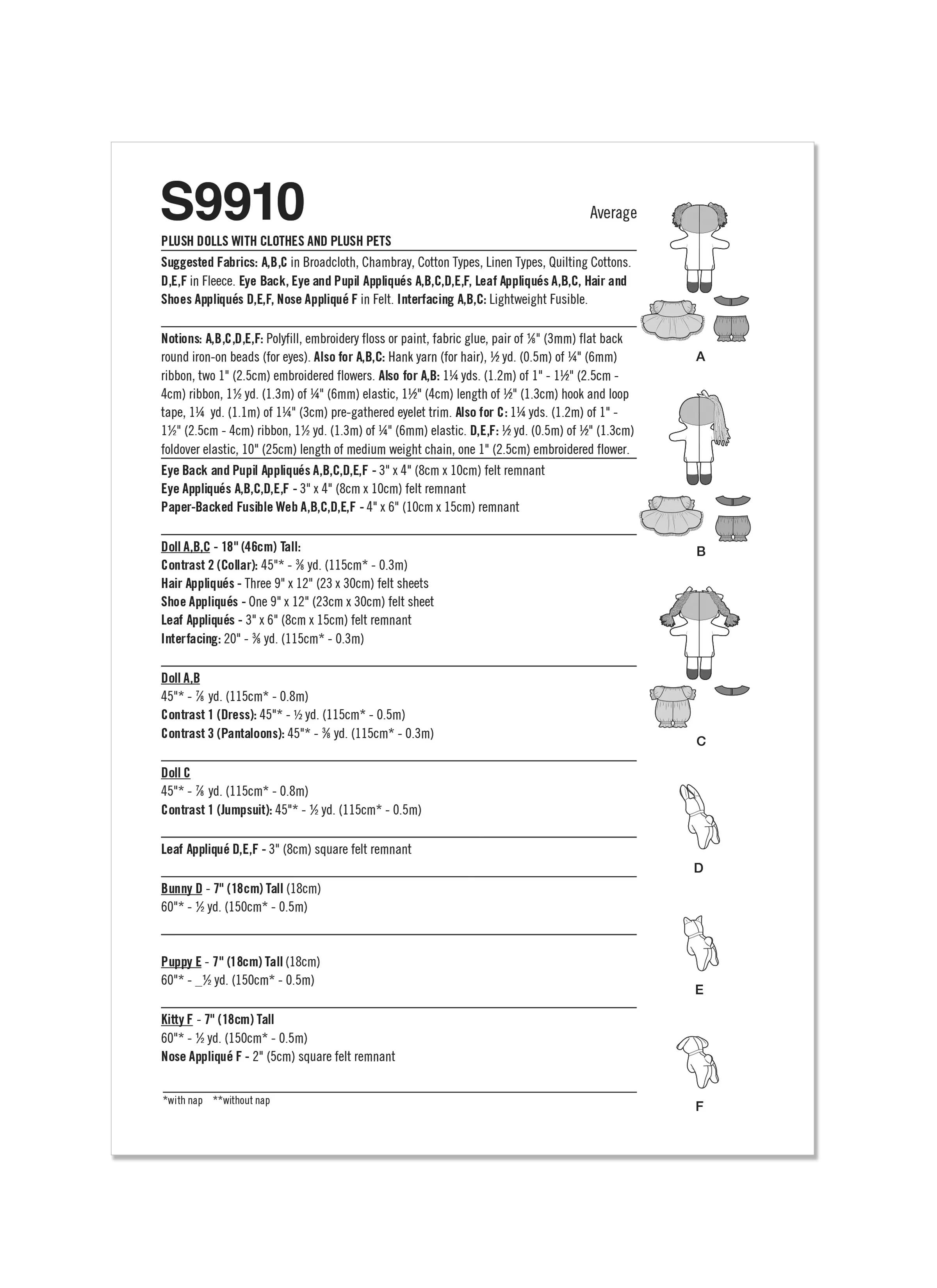 Simplicity Pattern S9910 Plush Dolls with Clothes and Plush Pets