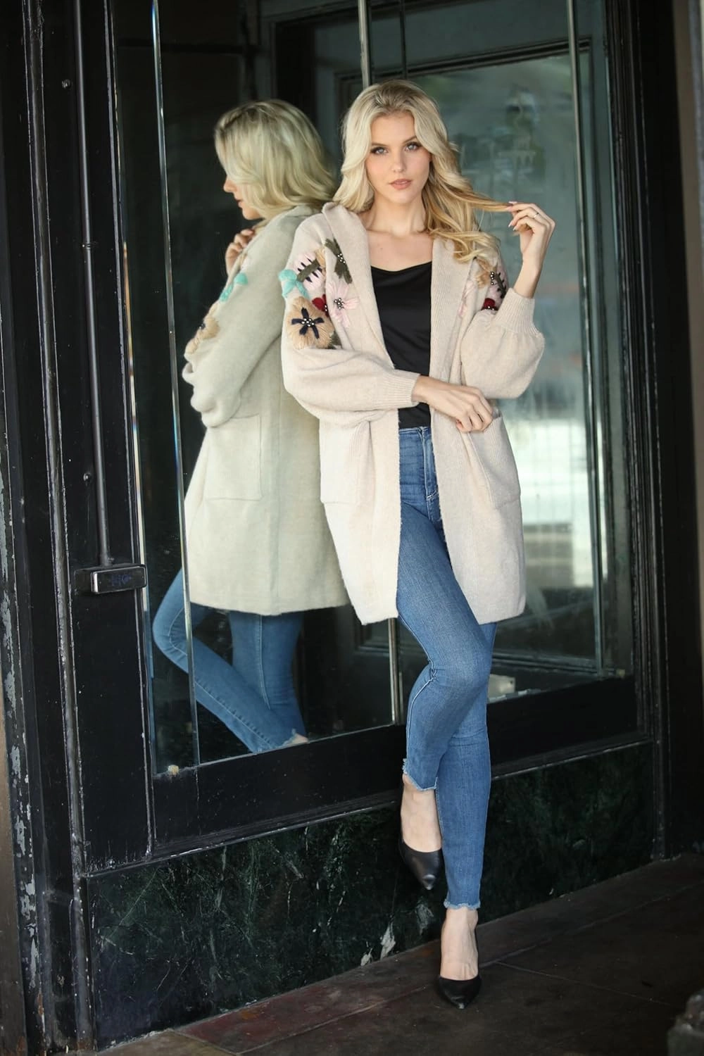 SIMPLY COUTURE Women's Winter Casual Open Front Pom Pom Long Sleeve Crochet Knit Cardigan Sweater