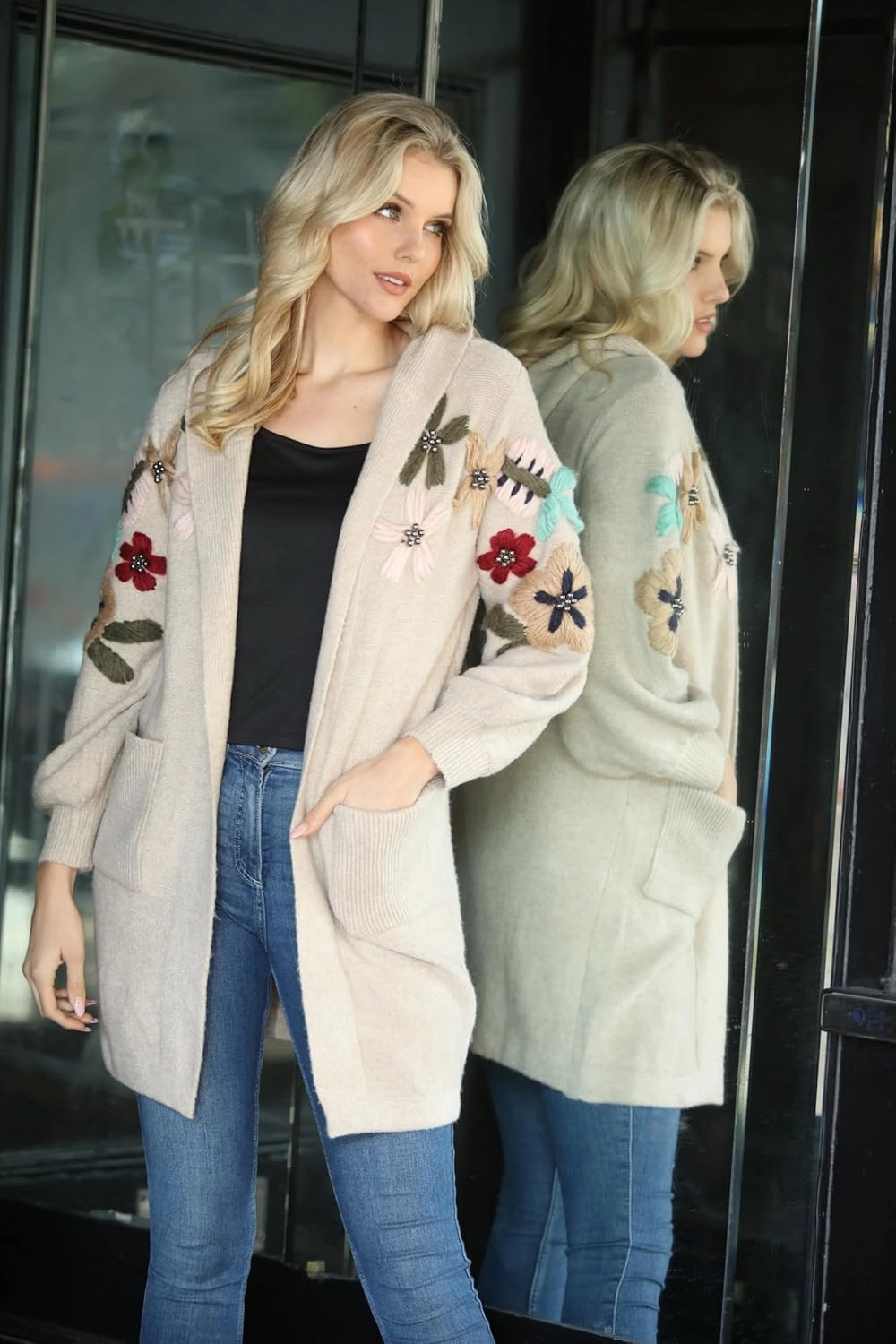 SIMPLY COUTURE Women's Winter Casual Open Front Pom Pom Long Sleeve Crochet Knit Cardigan Sweater