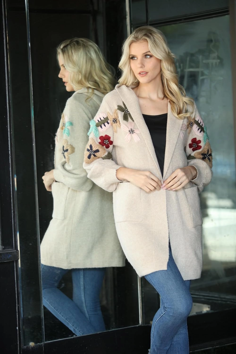 SIMPLY COUTURE Women's Winter Casual Open Front Pom Pom Long Sleeve Crochet Knit Cardigan Sweater