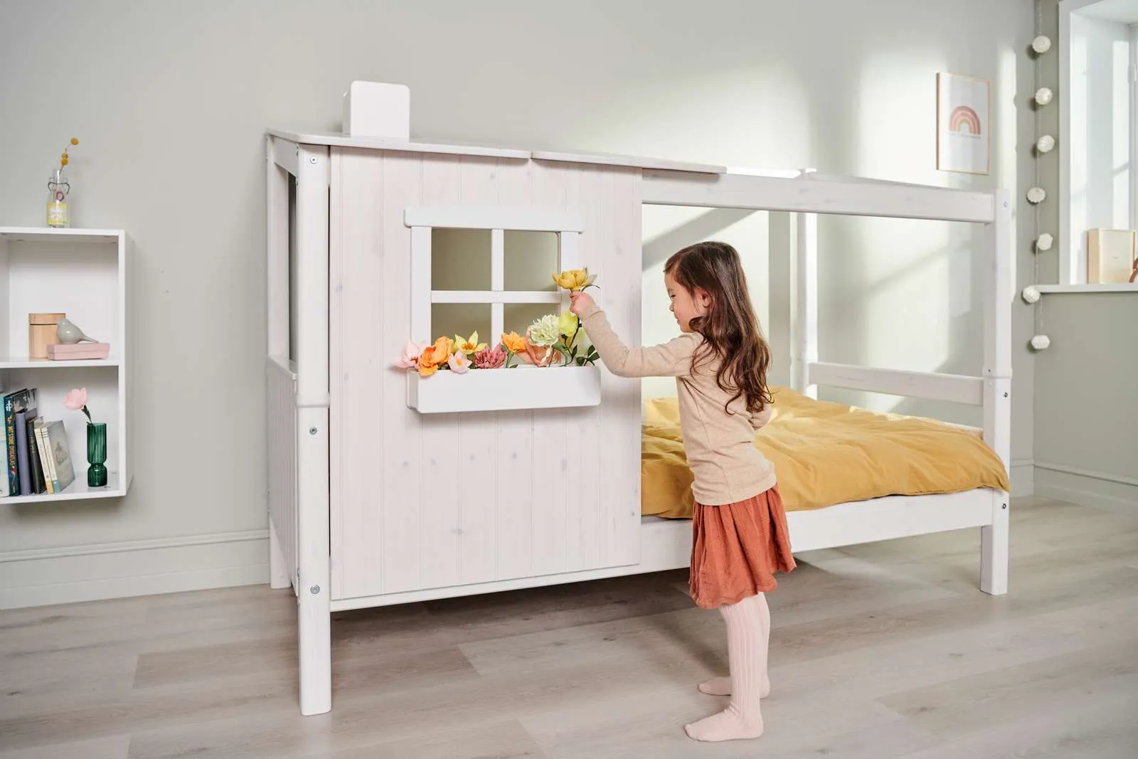 Single Bed with 1/2 House, Ladder, 90x200 cm, White