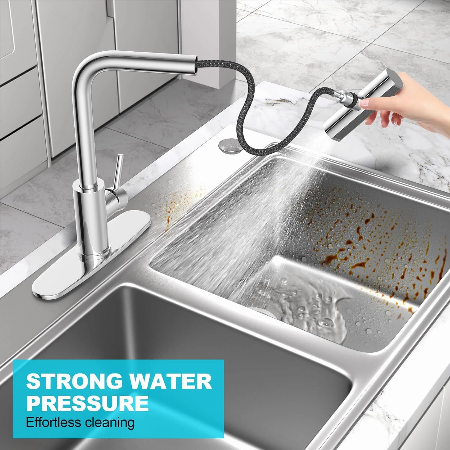 Single Hole Kitchen Faucets with Pull Down Sprayer in Chrome, Single Handle, High Flow Water, Pull Out Tap, Stainless Steel Sink Faucet, Suitable for Farmhouse Camper Laundry Rv Bar