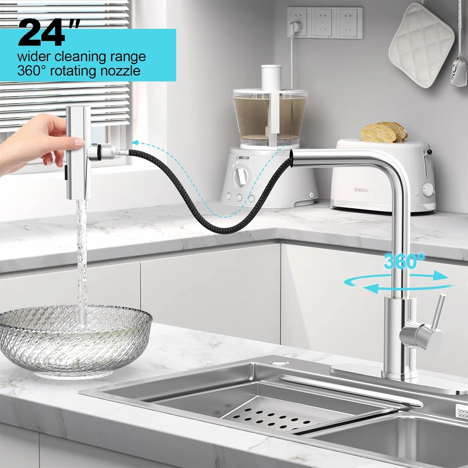 Single Hole Kitchen Faucets with Pull Down Sprayer in Chrome, Single Handle, High Flow Water, Pull Out Tap, Stainless Steel Sink Faucet, Suitable for Farmhouse Camper Laundry Rv Bar