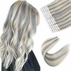 Sixstarhair Tape in Hair Extensions Human Hair Platinum Silver to Ash Blonde Piano Color Remy Human Hair Highlighted Tape Hair Extensions 20 Pieces Pack For White Women [Psilver-60 14inch]