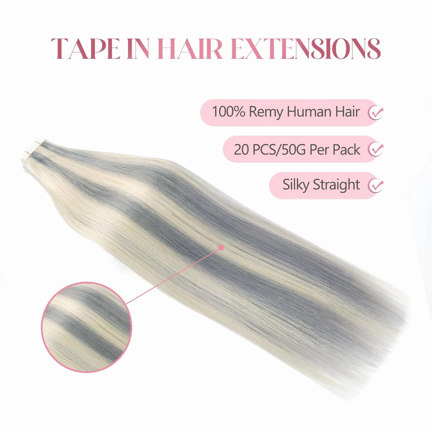 Sixstarhair Tape in Hair Extensions Human Hair Platinum Silver to Ash Blonde Piano Color Remy Human Hair Highlighted Tape Hair Extensions 20 Pieces Pack For White Women [Psilver-60 14inch]