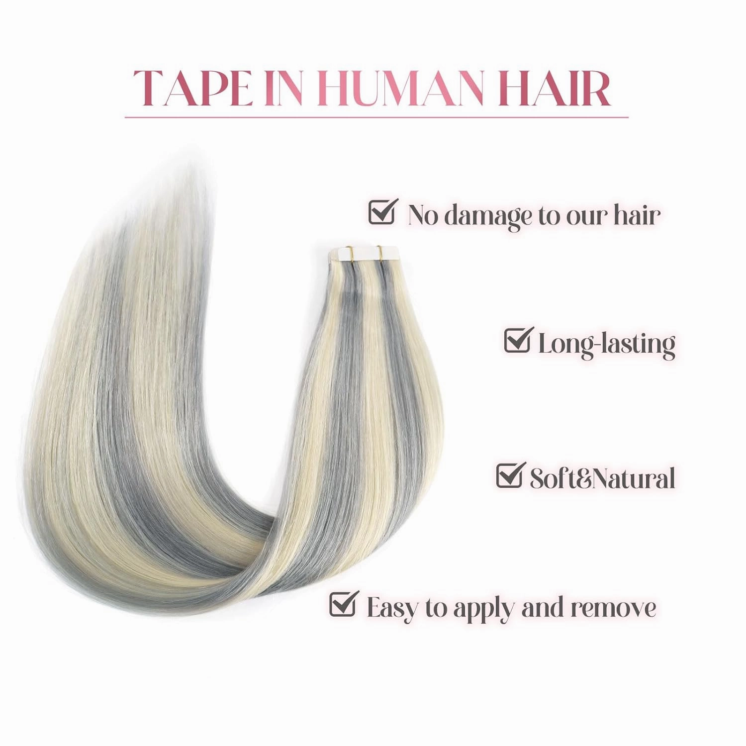 Sixstarhair Tape in Hair Extensions Human Hair Platinum Silver to Ash Blonde Piano Color Remy Human Hair Highlighted Tape Hair Extensions 20 Pieces Pack For White Women [Psilver-60 14inch]