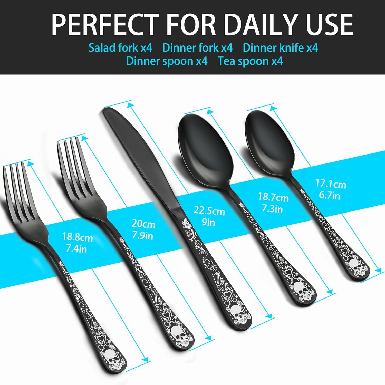 Skull Black Silverware Set for 4, 20-Piece Black Flatware Set, Gothic Skeleton Cutlery for Decoration, Halloween, Christmas, Party, Gift, Housewarming