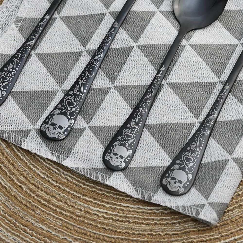 Skull Black Silverware Set for 4, 20-Piece Black Flatware Set, Gothic Skeleton Cutlery for Decoration, Halloween, Christmas, Party, Gift, Housewarming