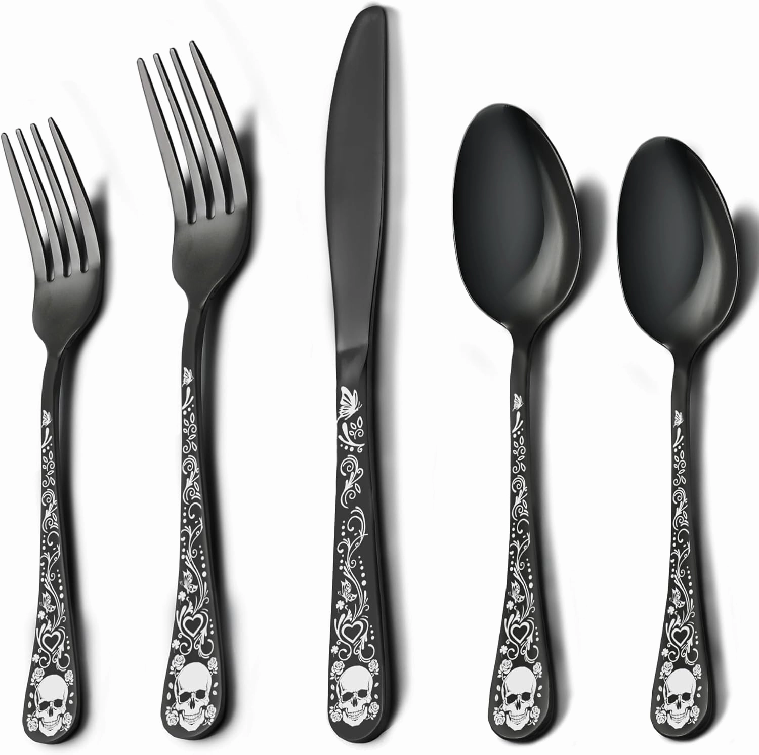 Skull Black Silverware Set for 4, 20-Piece Black Flatware Set, Gothic Skeleton Cutlery for Decoration, Halloween, Christmas, Party, Gift, Housewarming
