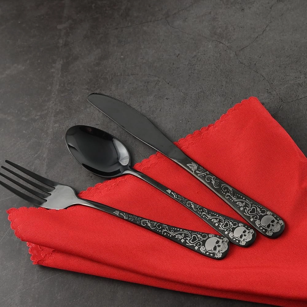 Skull Black Silverware Set for 4, 20-Piece Black Flatware Set, Gothic Skeleton Cutlery for Decoration, Halloween, Christmas, Party, Gift, Housewarming