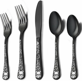 Skull Black Silverware Set for 4, 20-Piece Black Flatware Set, Gothic Skeleton Cutlery for Decoration, Halloween, Christmas, Party, Gift, Housewarming