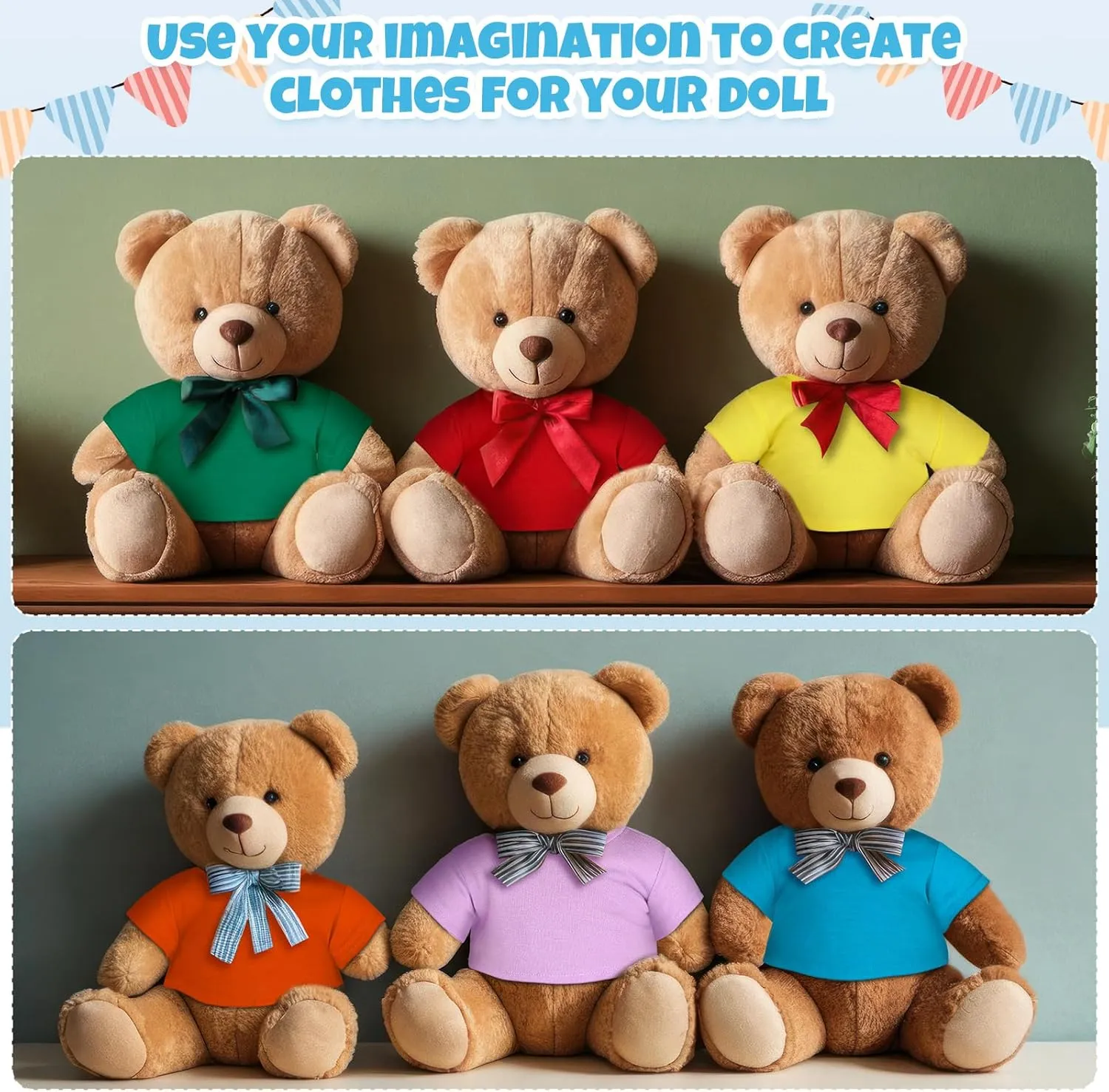Skylety 6 Pcs Bear Clothes Basic Tee Shirt Classic Stuffed T Shirt Plush Bear Crew Neck for Stuffed Bears Doll with 14 - 18 Inch(Rainbow)