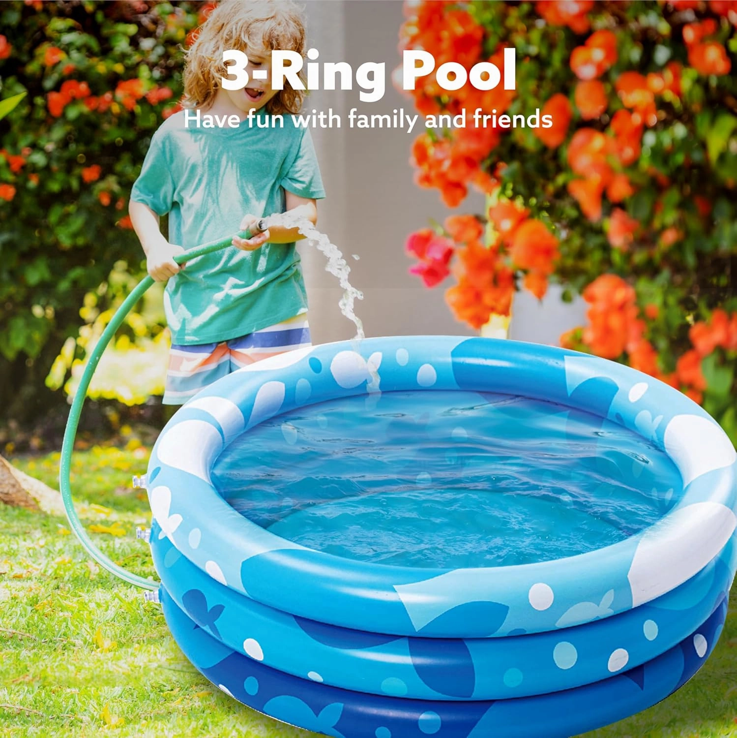 Sloosh Inflatable Kiddie Pool, 34"x10" Blow Up Kid Swimming Pool,3 Rings Blue Baby Pool for Toddler,Play Pit for Dog with Geometric Pattern for Summer Water Party Backyard Garden(Fish)