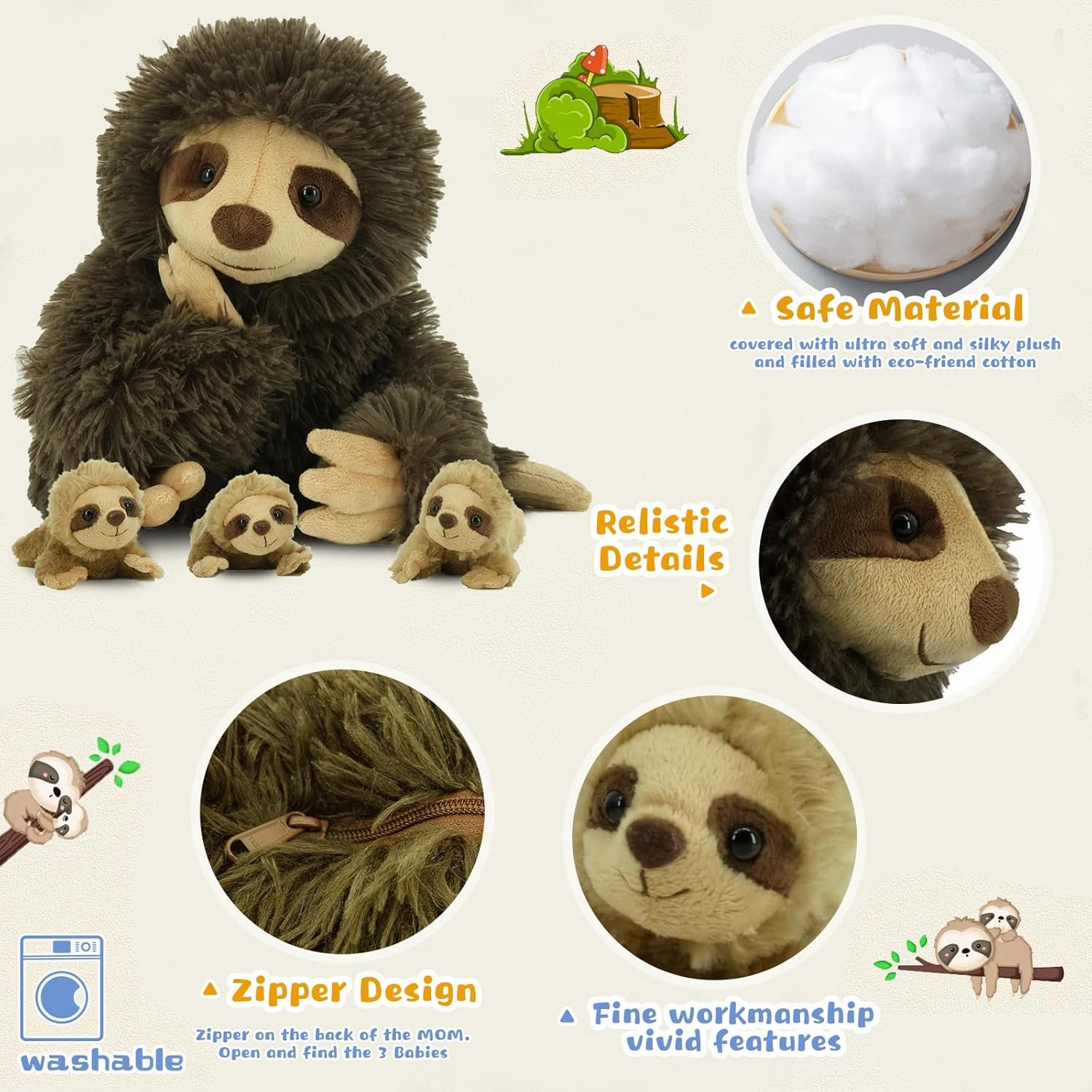 Sloth Plush Animal, 11.02" Cute Stuffed Sloth with 3 Baby Sloths, Easter Stuffed Sloth Animal, Washable Plush Toys, Cute Three Toed Sloth Birthday Gifts for Kids Boys and Girls, Brown