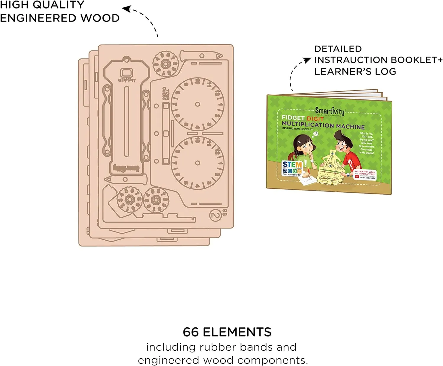 Smartivity Multiplication Machine 3D Wooden Model Engineering Educational Toy for Kids Ages 6 and Up, includes Rubber Bands, Engineered Wood Components, Instruction Manual, Learner's Log