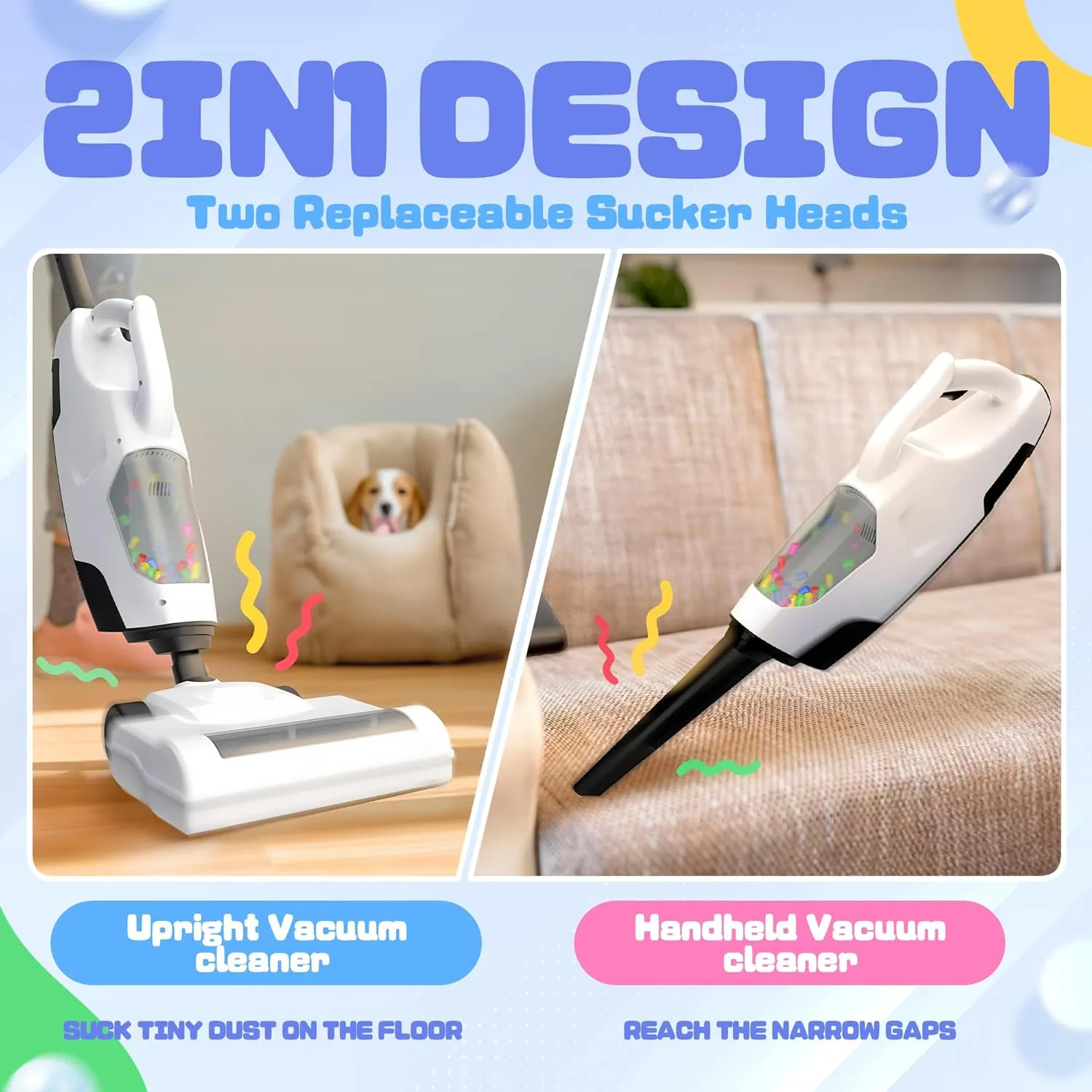 SMILESSKIDDO Kids Vacuum - Cordless Toy Vacuum with 2 Nozzles, Realistic Sounds & Ball Popping, Kids Cleaning Toy Housekeeping Set (White)