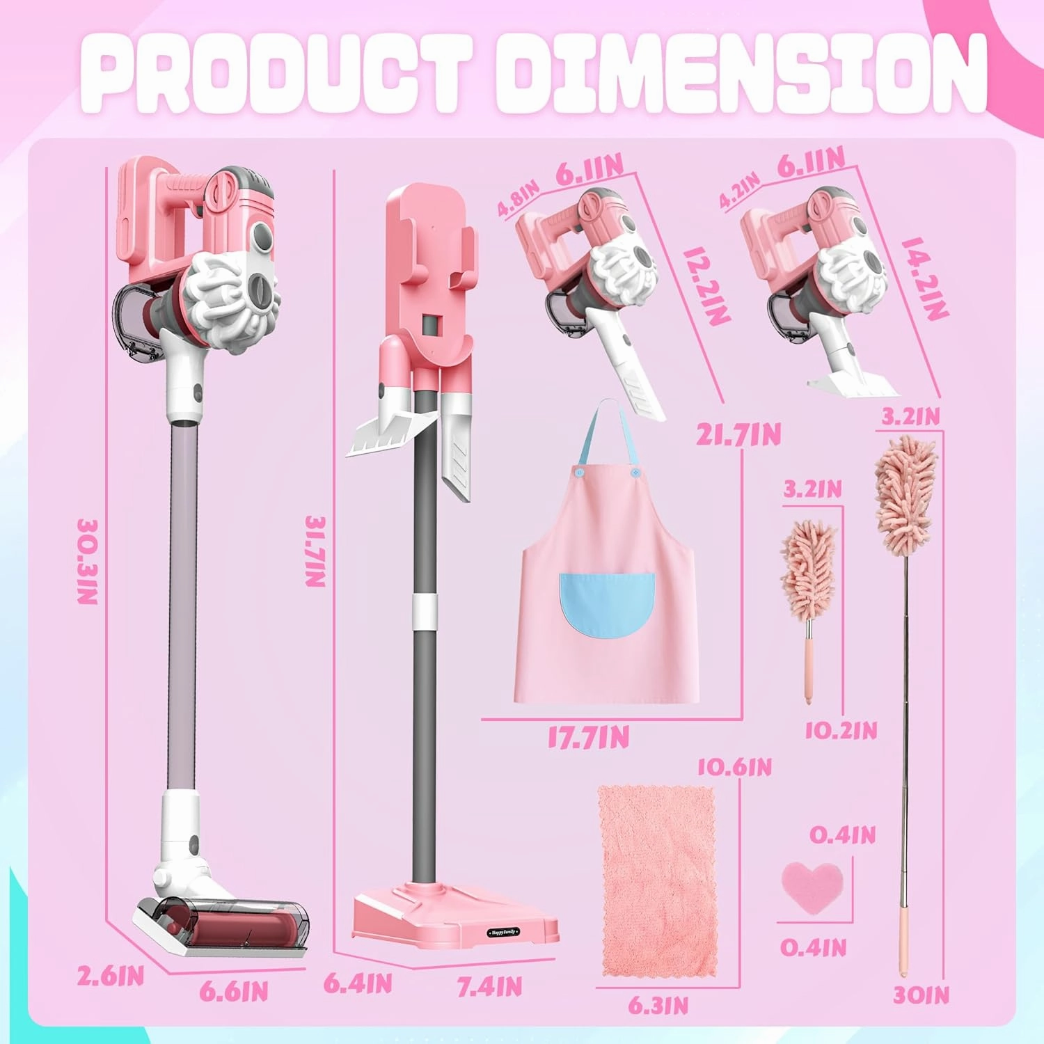 SMILESSKIDDO 3-in-1 Kids Vacuum That Really Works - Toy Vacuum Includes 3 Nozzles, Apron, Cleaning Cloth, Duster & Colorful Beads, Pretend Play Housekeeping Toys (Pink)