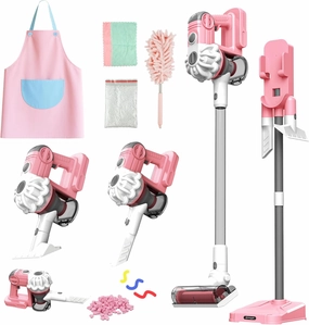 SMILESSKIDDO 3-in-1 Kids Vacuum That Really Works - Toy Vacuum Includes 3 Nozzles, Apron, Cleaning Cloth, Duster & Colorful Beads, Pretend Play Housekeeping Toys (Pink)