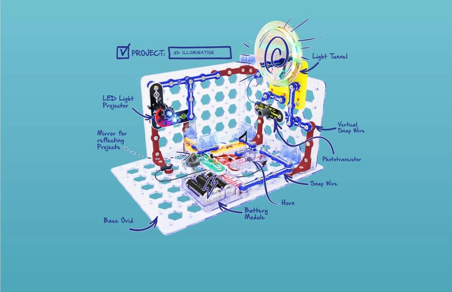 Snap Circuits 3D Illumination Electronics Exploration Kit | Over 150 STEM Projects | Full Color Project Manual | 50 Parts | STEM Educational Toys for Kids 8 