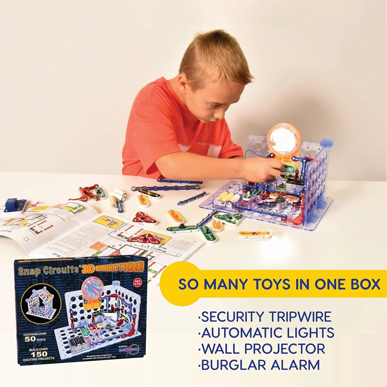 Snap Circuits 3D Illumination Electronics Exploration Kit | Over 150 STEM Projects | Full Color Project Manual | 50 Parts | STEM Educational Toys for Kids 8 