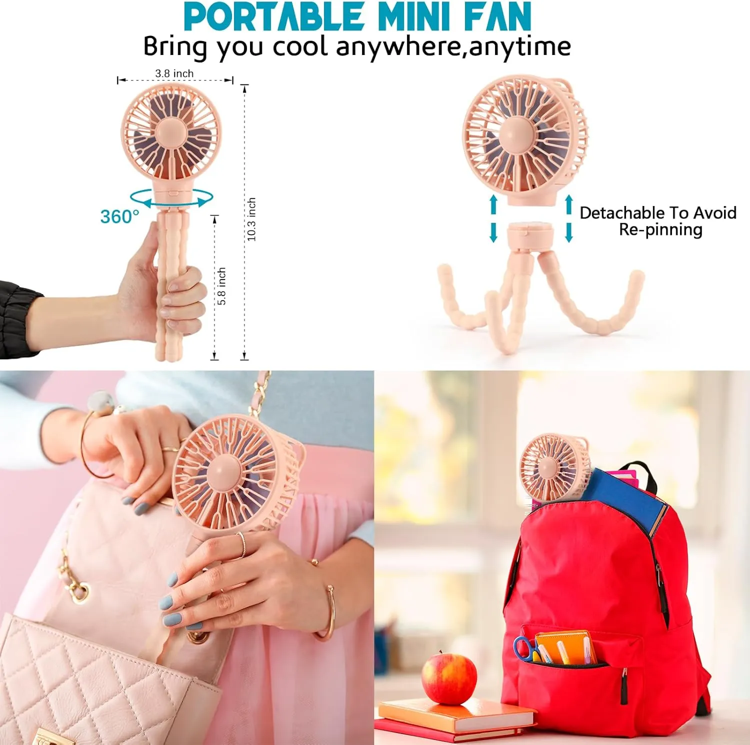 snawowo Mini Portable Stroller Fan, Battery Operated Personal Small Handheld Fan with Flexible Tripod, 3 Speed Rechargeable Clip On for Car Seat Crib Treadmill Travel Camping Pink