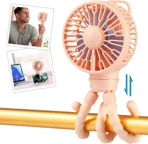 snawowo Mini Portable Stroller Fan, Battery Operated Personal Small Handheld Fan with Flexible Tripod, 3 Speed Rechargeable Clip On for Car Seat Crib Treadmill Travel Camping Pink