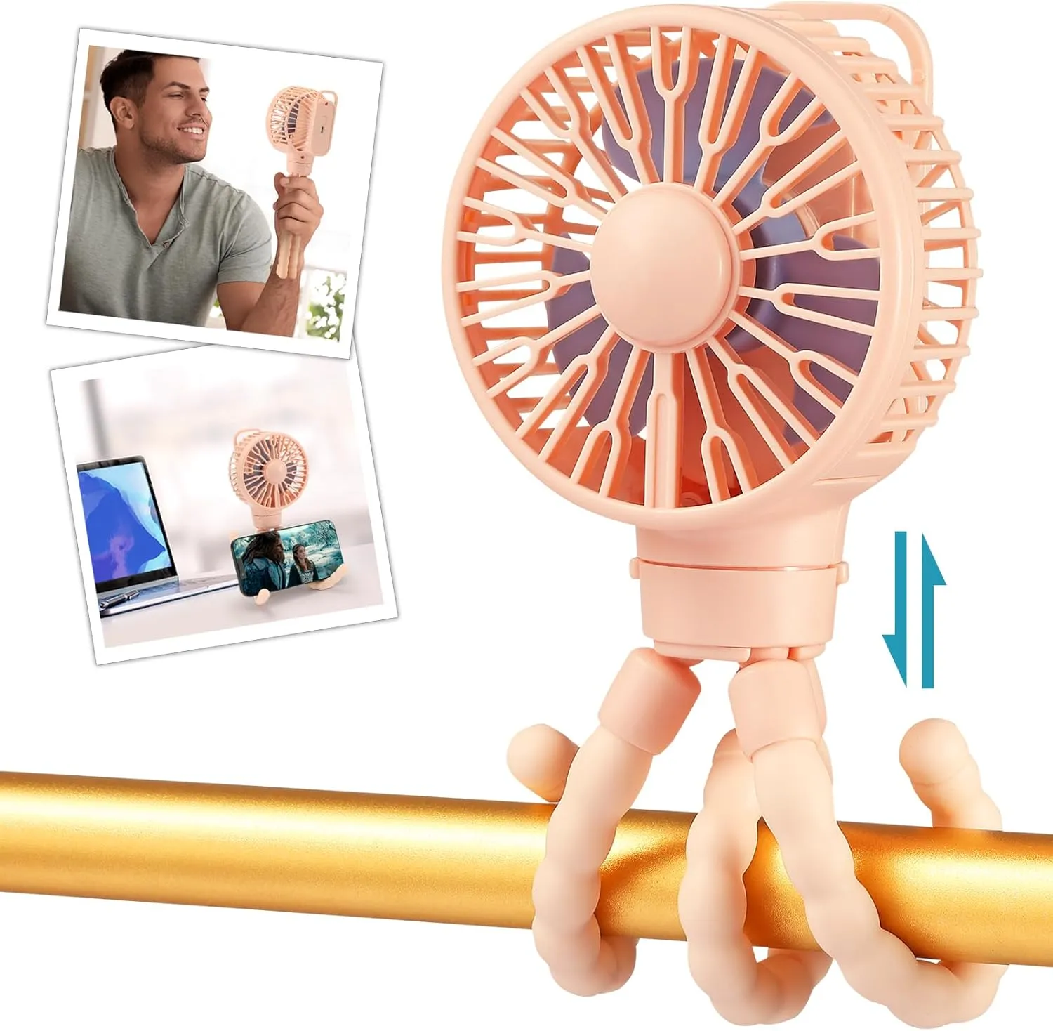 snawowo Mini Portable Stroller Fan, Battery Operated Personal Small Handheld Fan with Flexible Tripod, 3 Speed Rechargeable Clip On for Car Seat Crib Treadmill Travel Camping Pink