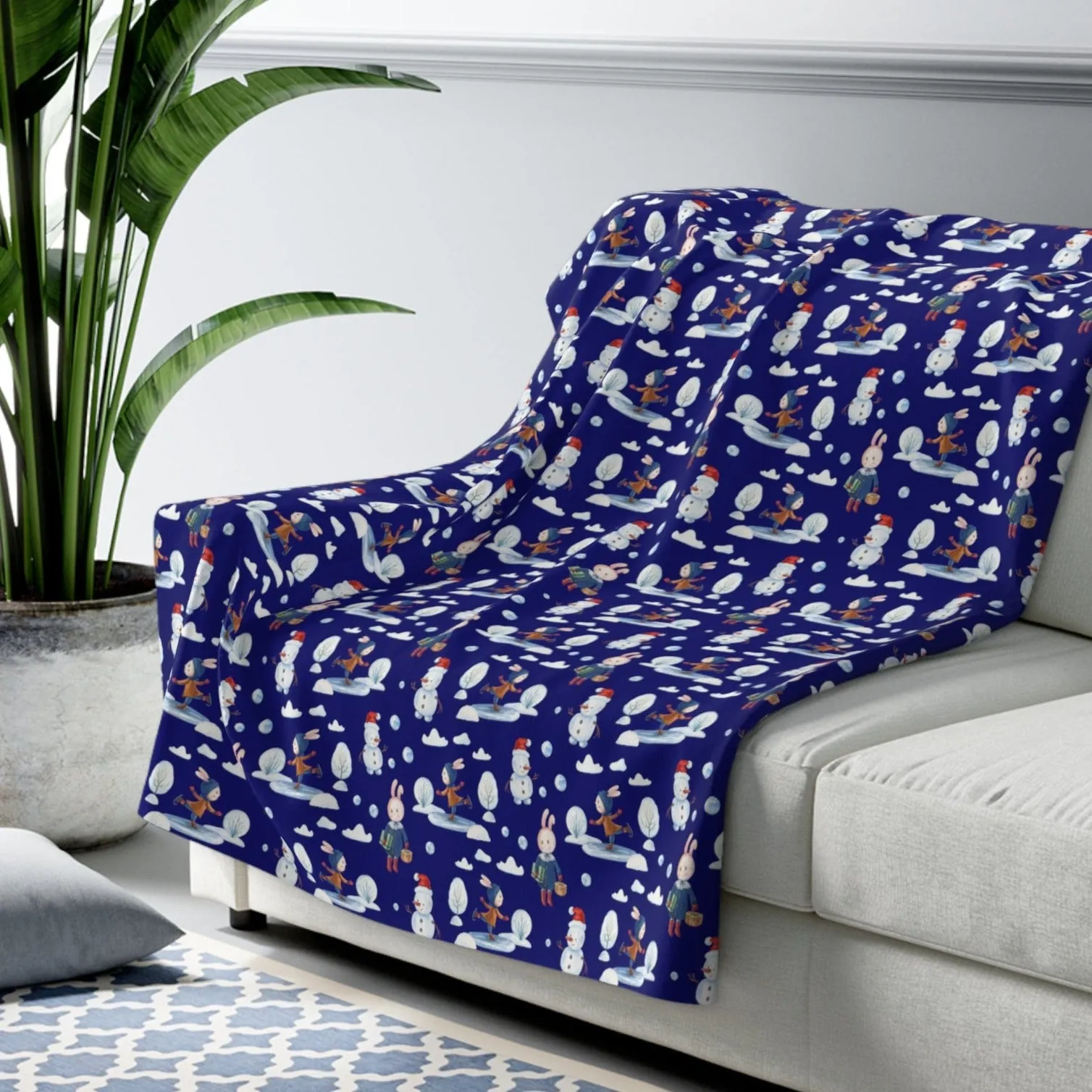 Snowman Sherpa Blanket Holiday Decor Throw Blanket Winter Blue Blanket
