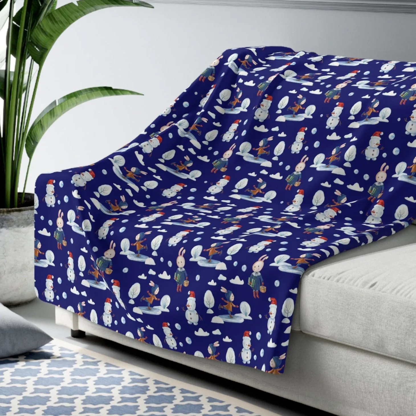 Snowman Sherpa Blanket Holiday Decor Throw Blanket Winter Blue Blanket